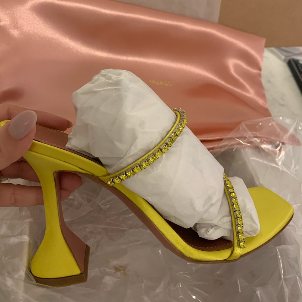 Amina Muaddi Yellow Gilda Satin slippers